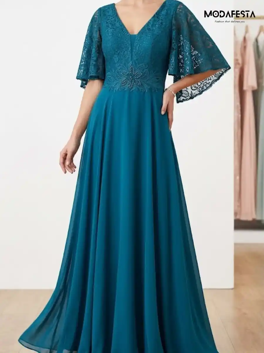 ModaFesta -elegant-chiffon-maxi-gown-V-neck lace-style-teal